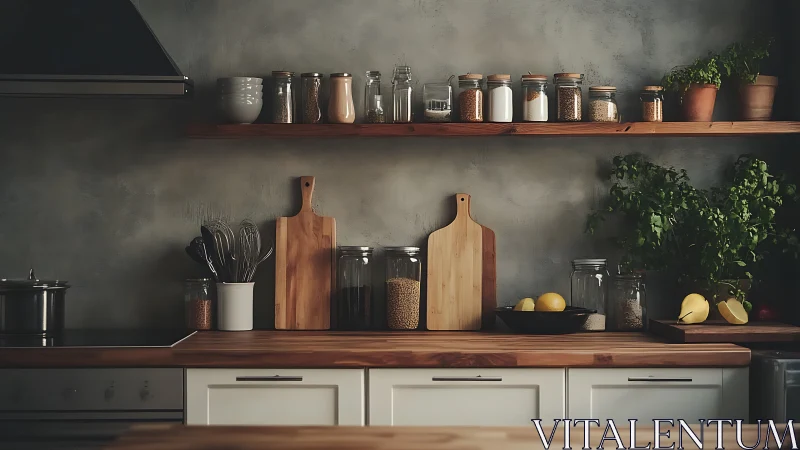 Rustic kitchen shelves display jars, herbs, lemons, wood.