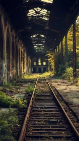 Overgrown railway hall captures haunting industrial decay.
