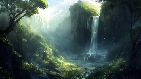 Dense forest gorge with waterfall, pool and stone steps.