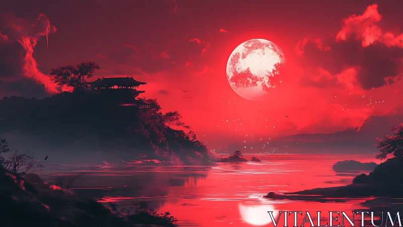 Crimson moonrise over misted pagoda shores in dreamlike hush.