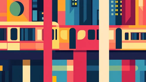 Colorful city train glides through bold sunrise blocks