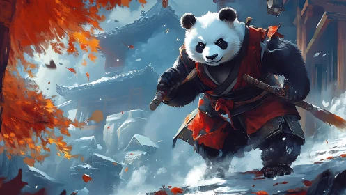 Dynamic warrior panda in cinematic autumn shrine setting.