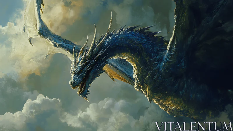 Blue scaled dragon soaring across dense storm clouds.