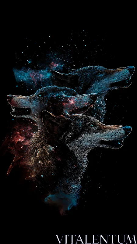 Three cosmic wolves emerge from stardust in luminous night