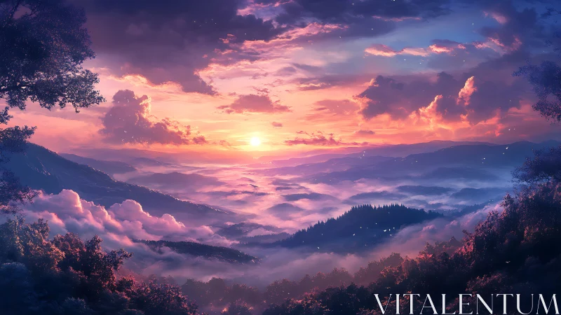 Sunrise illuminates atmospheric mountain valley in ethereal hues