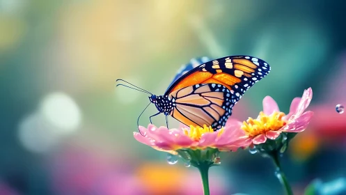 Monarch daydream poised on candy-pink petals in bokeh haze.