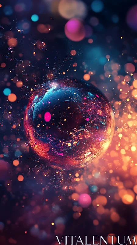 Spherical form suspended amid multicolored bokeh particles