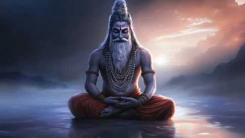 Meditating sage sits over misty water under dawn sky