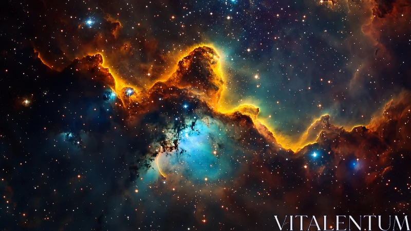 Celestial nebula clouds glowing with blue and amber light.