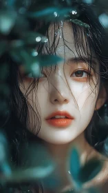 Wet-haired woman framed by green leaves in soft focus