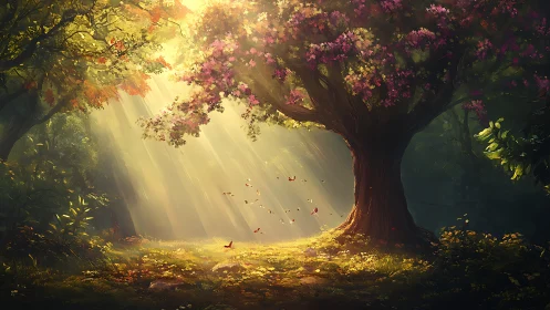 Enchanted Forest Scene with Sun Rays and Blossoming Tree, Digital Art.