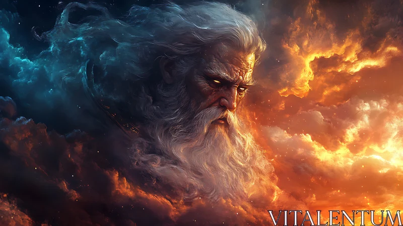 Elemental sky deity portrait in bifurcated chromatic nebulae.