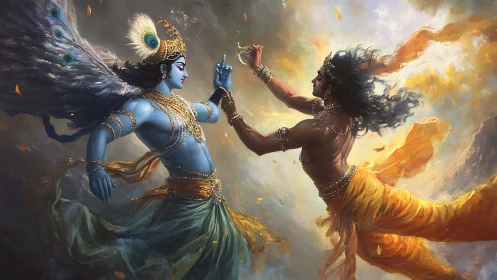 Divine warriors swirling through stormlit celestial skies.