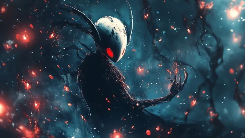 Voidborne wraith cradles red embers in stormlit cosmic dusk.