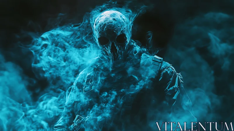 Spectral skull soldier emerging through neon cyan smoke.
