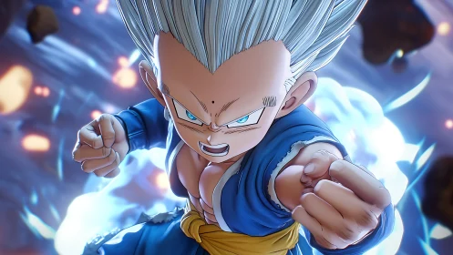 Saiyan warrior lunges forward with blazing blue energy aura.