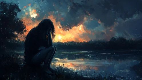 Solitary figure by the lake under a storm-lit dusk sky.