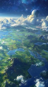 Dreamlike green world drifting beneath bright cosmic skies.