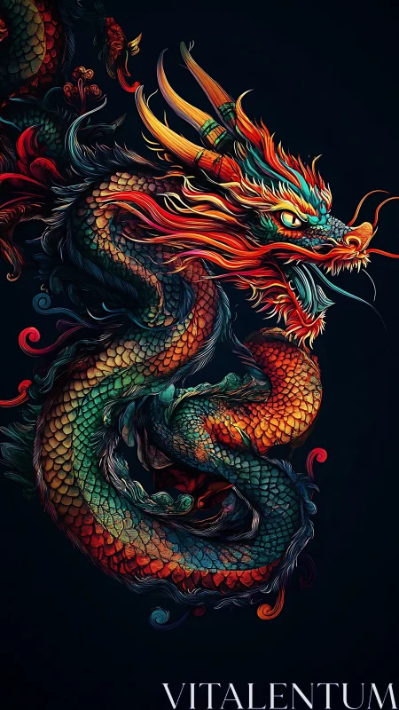 Vibrant serpentine dragon coils in luminous cosmic darkness