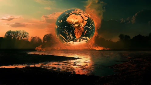 Terrestrial Orb Emerging from Aquatic Landscape with Chromatic Atmospheric Distortion.