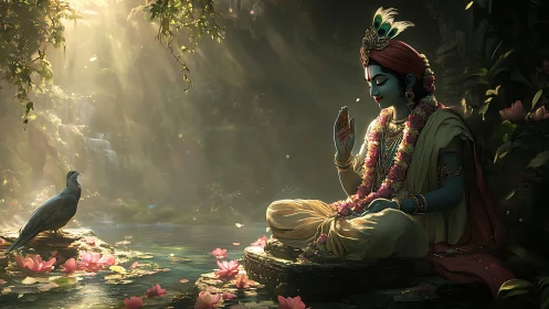 Seated blue figure by forest pool with bird and waterfalls.