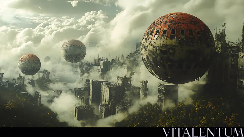 Spherical drones drift above ruined fogbound megacity.