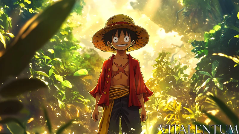 Straw hat boy stands smiling under glowing jungle canopy