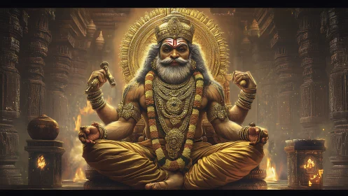 Majestic golden deity in ornate temple with sacred flames.