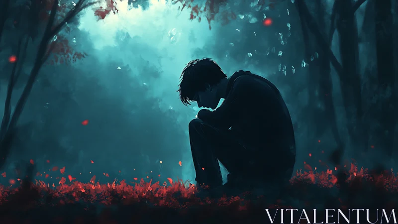 Solitary figure in cyan twilight forest with red ground glow