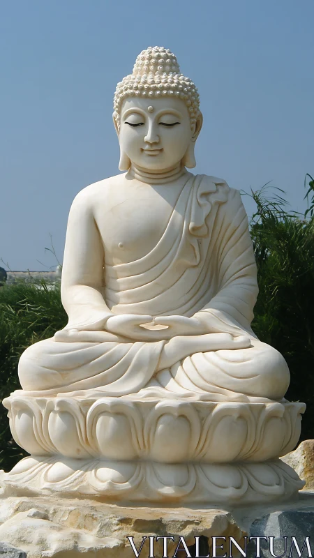 Peaceful Buddha statue resting in serene outdoor light.