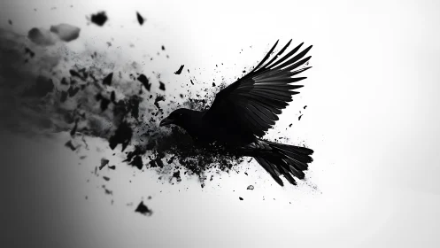 Dark crow erupts from shattering ink, frozen in stark flight