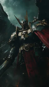 Winged gothic warlord in gilded armor under storm skies.