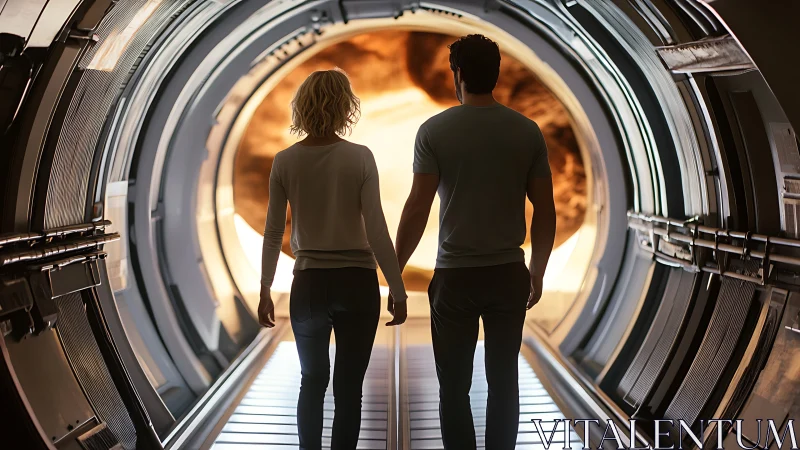 Two cosmic travelers stroll hand in hand toward a new sun