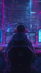 Night coder at neon screens in a glowing cyber cityscape.
