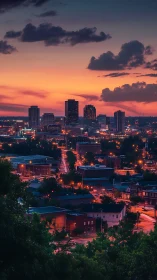 Vibrant dusk skyline with illuminated downtown corridors.