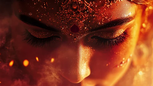 Close view shows ornamented face illuminated by warm light