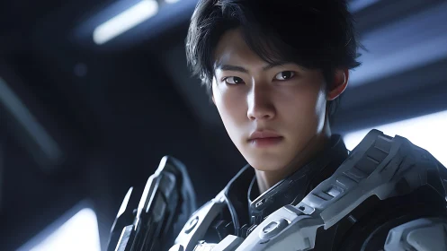 Stellar infantry portrait in reflective tactical exosuit armor.