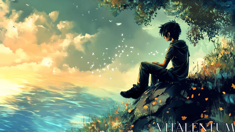 Solitary boy contemplates a glowing ocean at sunset.