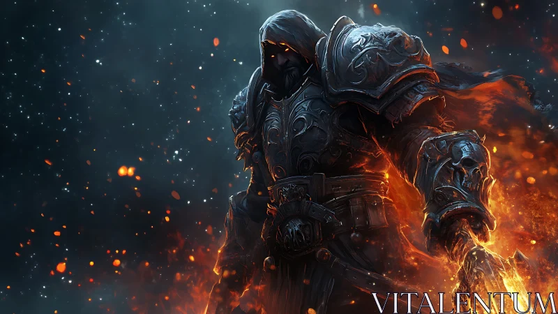 Hooded armored warrior with flaming sword in embers field.