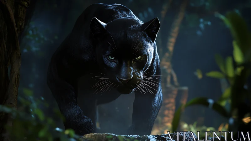 Obsidian Prowler: Black Panther's Luminous Gaze Through Shadows