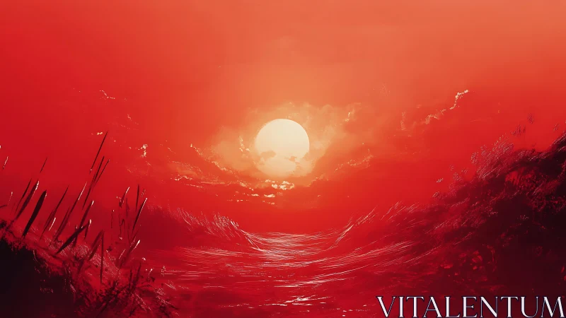 Crimson tides rise gently to cradle a pale, distant sun