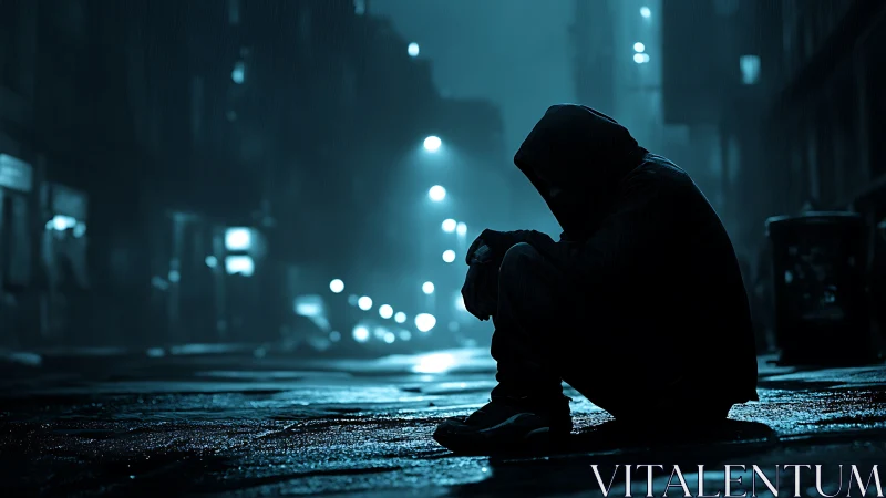 Cinematic nocturnal street portrait in moody blue tonality.