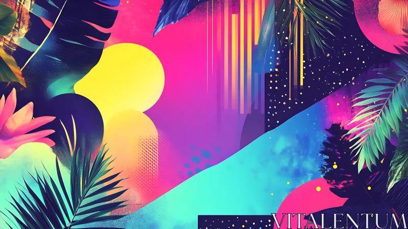 Neon tropical foliage overlays bold gradients and geometric light
