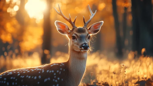Photorealistic young deer portrait in backlit autumn forest.