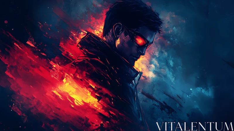 Futuristic vigilante in red cyan split lighting digital portrait.