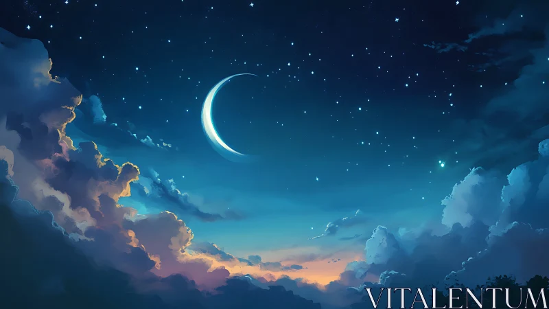 Crescent moon arcs over luminous twilight cloudscape sky.