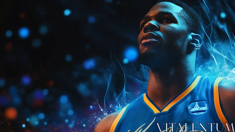 Basketball player in blue jersey stands amid glowing particles