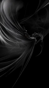 Monochrome fractal dragon arcs through fluid luminous filaments