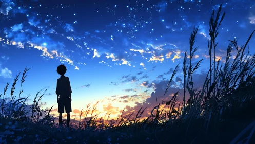 Silhouetted youth under luminous twilight starfield sky.