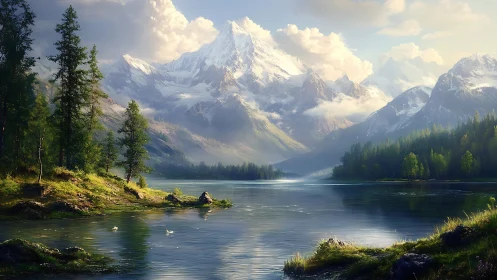 Sunlit mountain lake wrapped in peaceful forest calm.